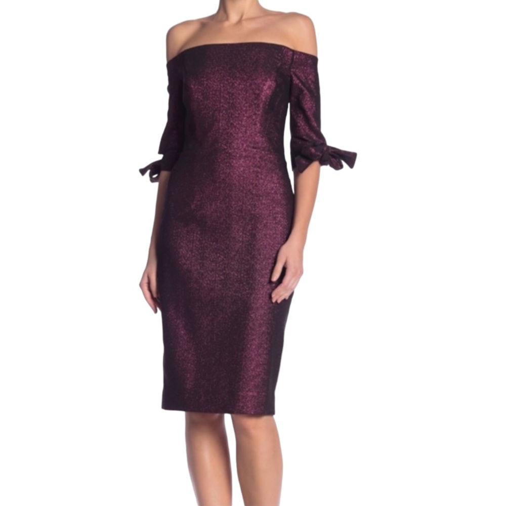 MILLY Shayla Knotted Bow Cuff Off-the-Shoulder Classic Sheath Dress, Fuchsia